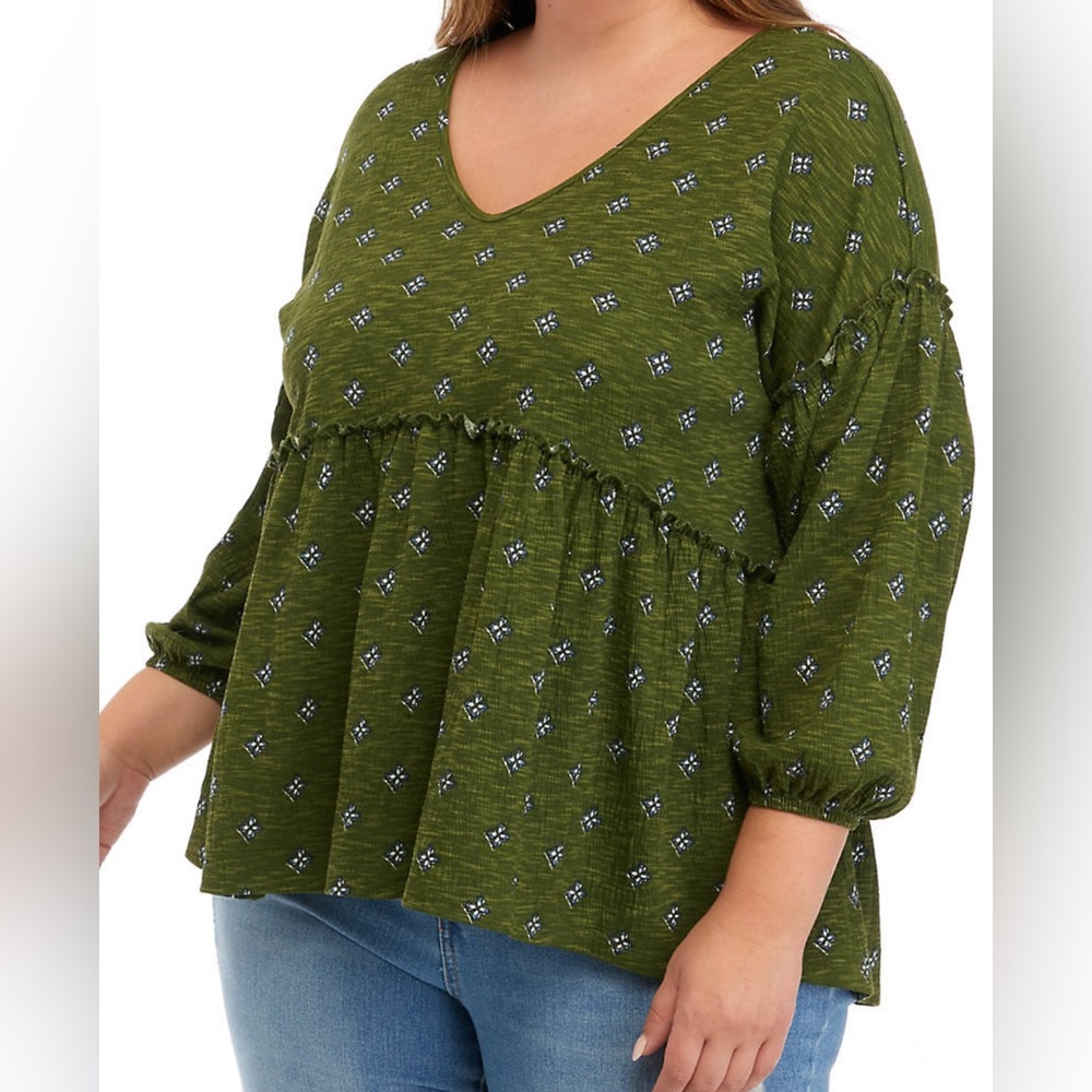 #1578 Wonderly Geometric Dark Olive Green Medallion Babydoll Blouse Pullover Top